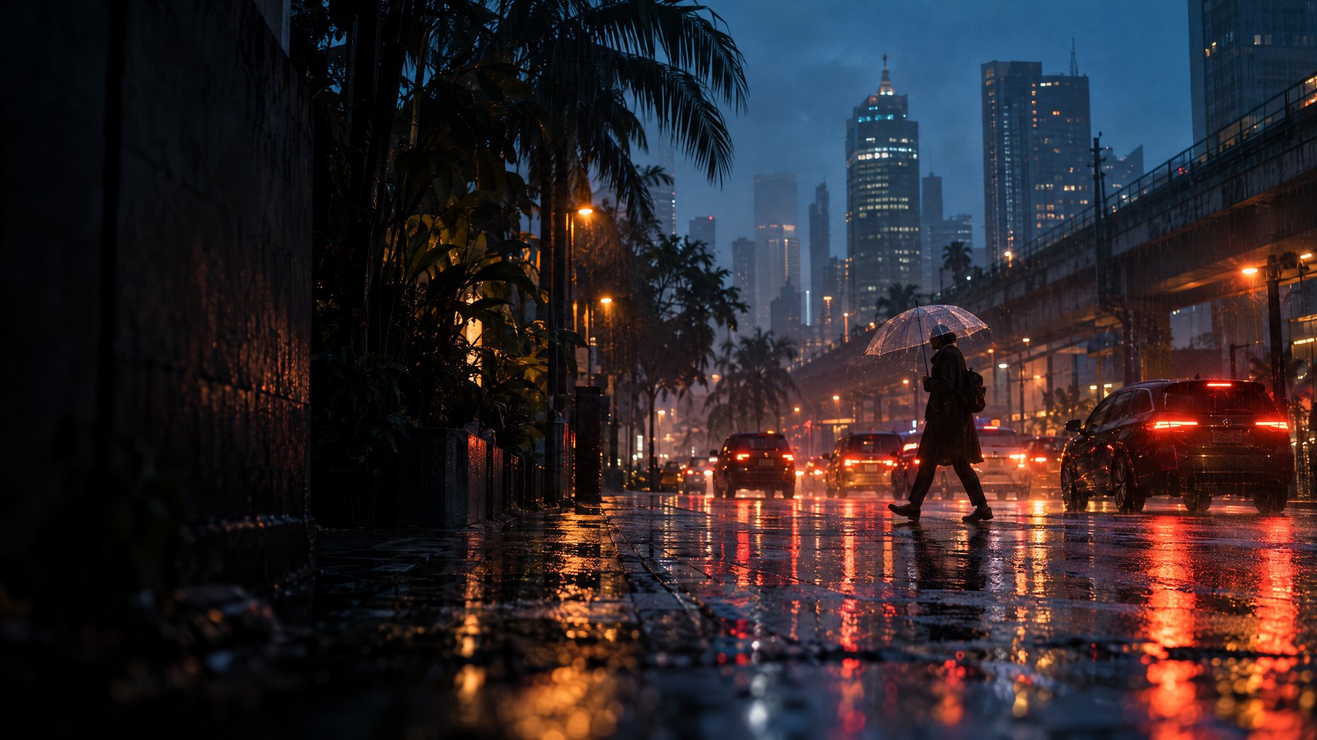 Eksplorasi visual sinematik: jalan kota saat hujan menjelang malam